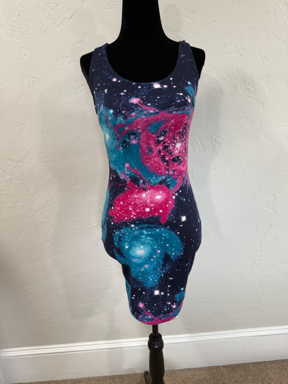 Soprano Navy Galaxy Print Tank Bodycon Dress with Pink & Blue